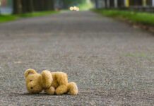 Teddy bear lying on an empty road.