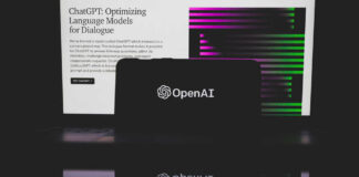 OpenAI logo on a screen with text background.