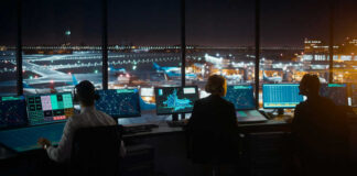 Air traffic controllers working at night airport tower