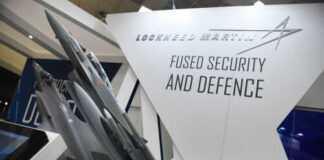 Model airplanes on display with Lockheed Martin branding