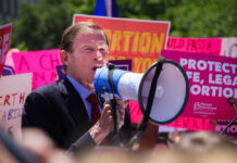 Democrats’ Selective Outrage on Military Power A speaker using a megaphone at an abortion rights protest