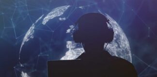 Silhouette of a person wearing headphones in front of a digital globe
