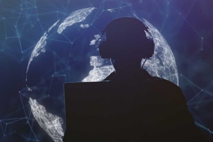 Silhouette of a person wearing headphones in front of a digital globe
