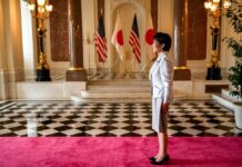 A woman in formal attire standing in a grand hall with flags in the background
