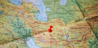 A map of the Middle East with a red pushpin marking a location