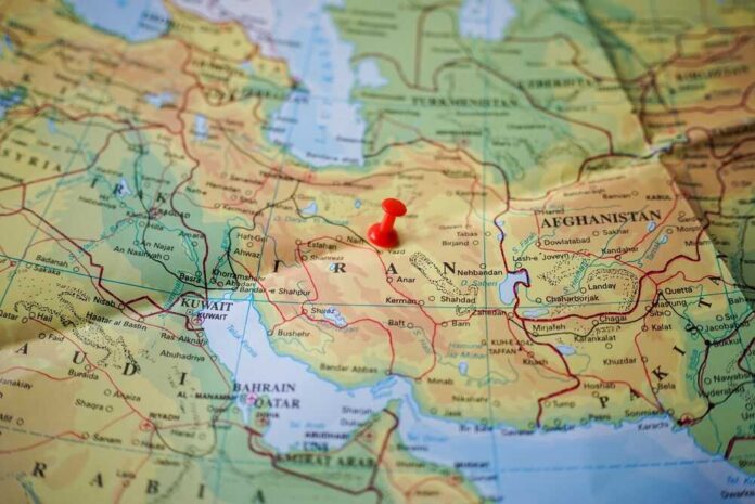 A map of the Middle East with a red pushpin marking a location