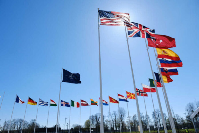 Many national flags flying in clear blue sky