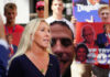 Woman speaking with people holding political signs background