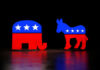Red and blue elephant and donkey symbols dark background