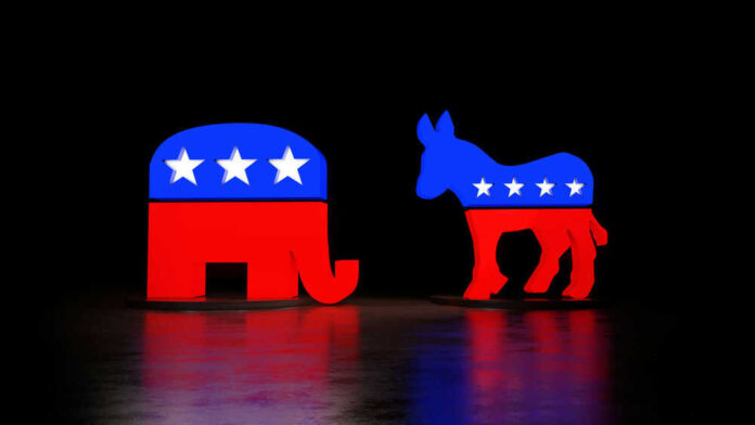 Red and blue elephant and donkey symbols dark background