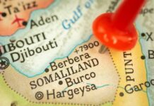 Close-up of a map highlighting Burco in Somaliland with a red location pin