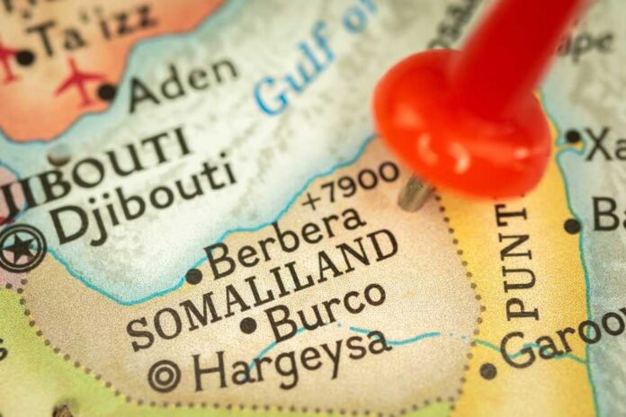 shutterstock_2152736947.jpg Close-up of a map highlighting Burco in Somaliland with a red location pin