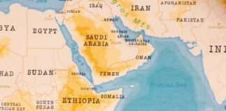 Map showing countries in the Middle East and East Africa