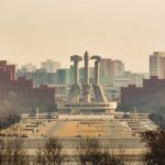 BANNED Cluster Bombs: North Korea Defies World View of a large monument surrounded by buildings in Pyongyang