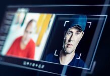 A digital interface displaying facial recognition analysis of two individuals