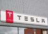 Tesla logo on a building facade