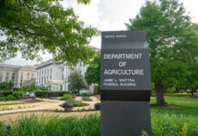 Department of Agriculture building with garden in foreground