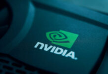 Close-up of the NVIDIA logo on a graphics card