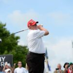 TRUMP ENDORSEMENT TRAP — Could He Punk Democratic Primaries? A golfer in a red cap swings a golf club at an outdoor event