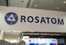 Logo of Rosatom displayed at an exhibition