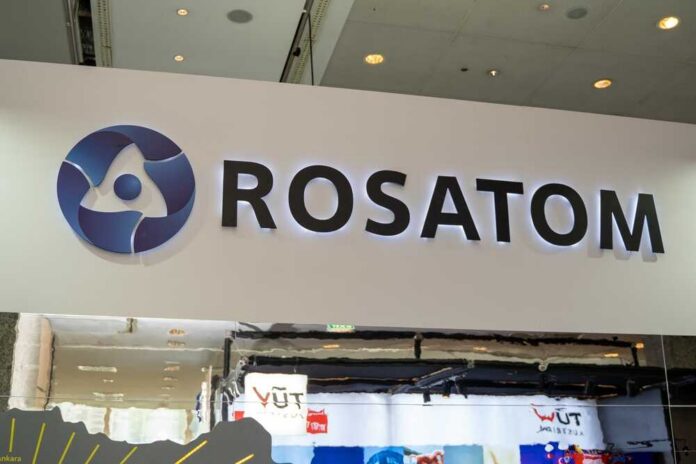 Logo of Rosatom displayed at an exhibition