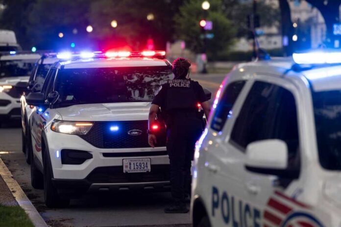 Police officers responding to an incident at night with flashing lights