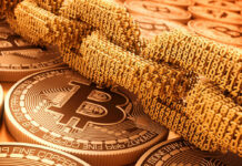 Bitcoin coins and digital binary code chain.