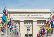 United Nations building with rows of world flags
