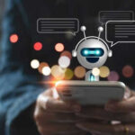 Person using smartphone with chatbot hologram display