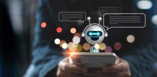Person using smartphone with chatbot hologram display