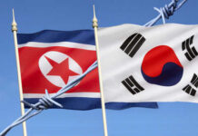 North and South Korean flags with barbed wire.