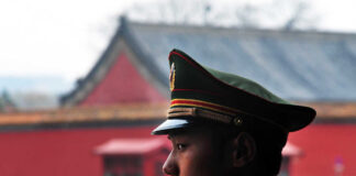 A military guard in uniform standing in profile against a historical building