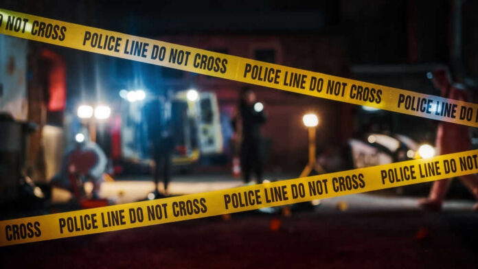 Police tape cordons off a nighttime crime scene