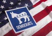 Working-Class Costume, Progressive Agenda? Democrats symbol on American flag background