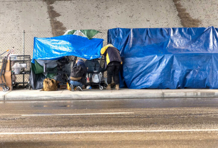 Two people at a sidewalk encampment with blue tarps and carts