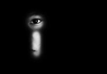 Amber Alert Sparks Interstate Hotel Standoff face peering through a keyhole in darkness