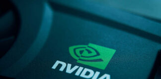 Close-up of the NVIDIA logo on a graphics card