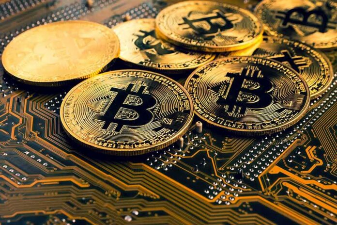Bitcoin coins on a circuit board