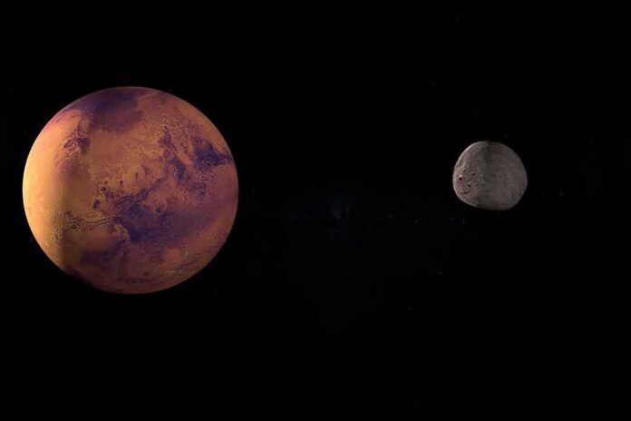 shutterstock_2170247461 A depiction of Mars and its moon in outer space
