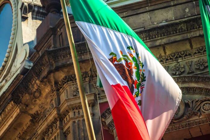 Mexican flag waving in front of an ornate stone building