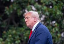 Trump Blasts NATO Spending As ‘Ridiculous’ Profile view of a man in formal attire with a light-colored suit and red tie against a green background