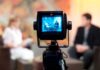 Television camera filming an interview set