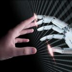 AI PAC Machine Crushes Dissent Human hand reaching toward a robotic hand