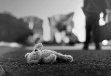 Stuffed toy lying on pavement in black and white