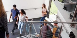 Students walking on a school staircase