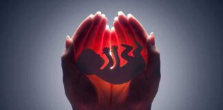 Hands cupping a glowing fetal silhouette