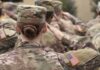 U.S. soldiers in camouflage uniforms saluting