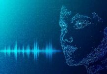 Digital wireframe face with audio waveform