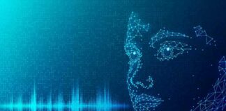 Digital wireframe face with audio waveform