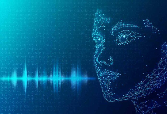 shutterstock_2106291758 Digital wireframe face with audio waveform